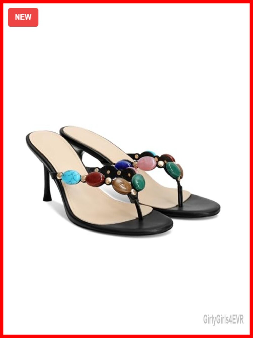 Jeweled Flip Flop Kitten Heels Open Toe Strappy High Heels Slip On Thong Mules